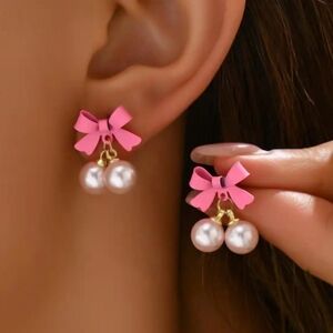 Pink Bow Pearl Drop Earrings
